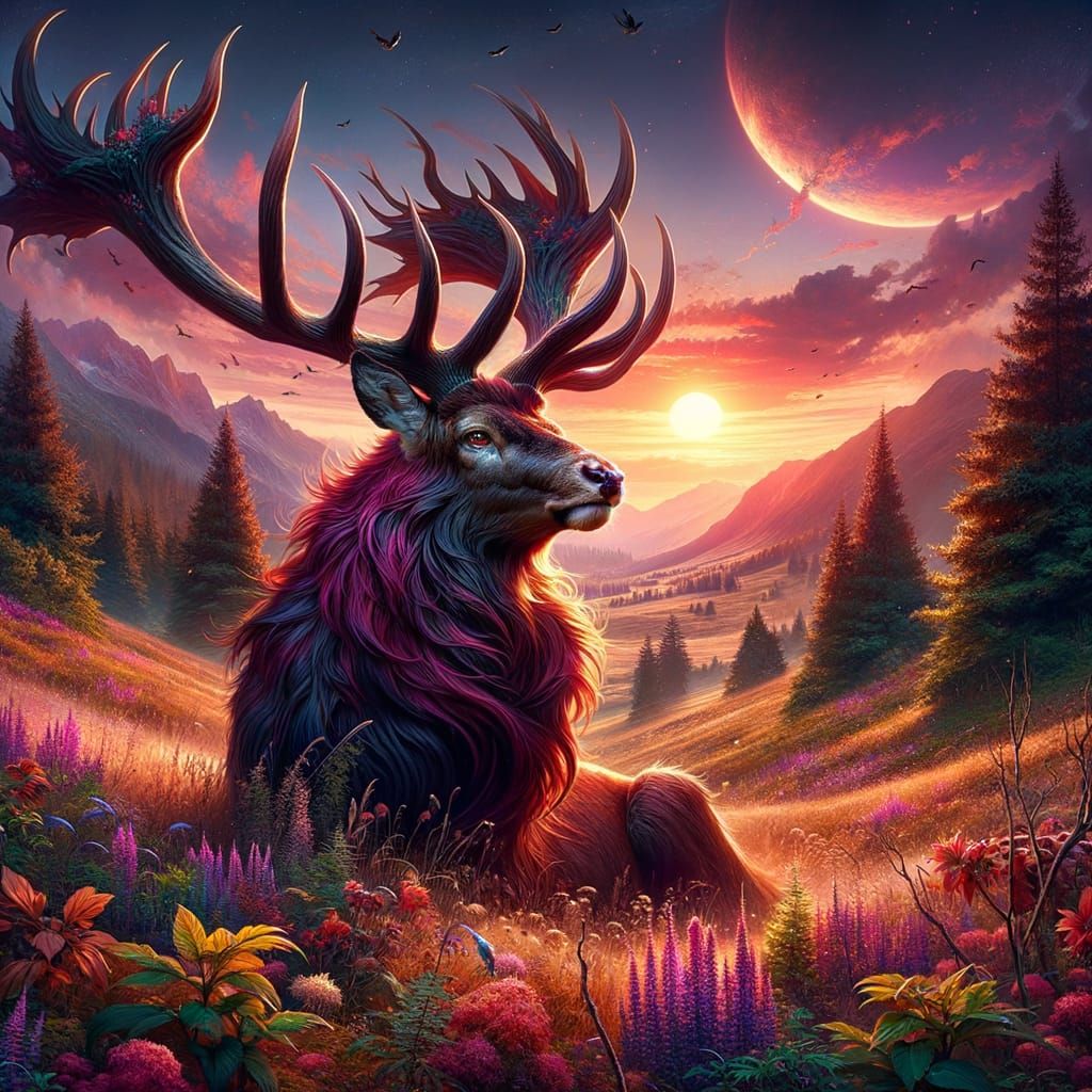 Majestic Stag in Fiery Sunset Meadow