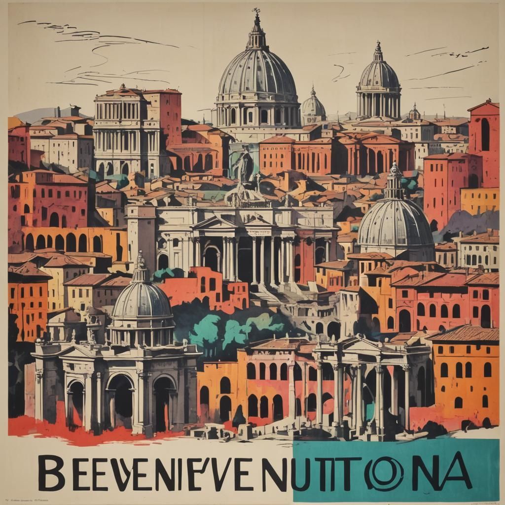 Rome Landmarks in 1950s Brutalist Poster Art