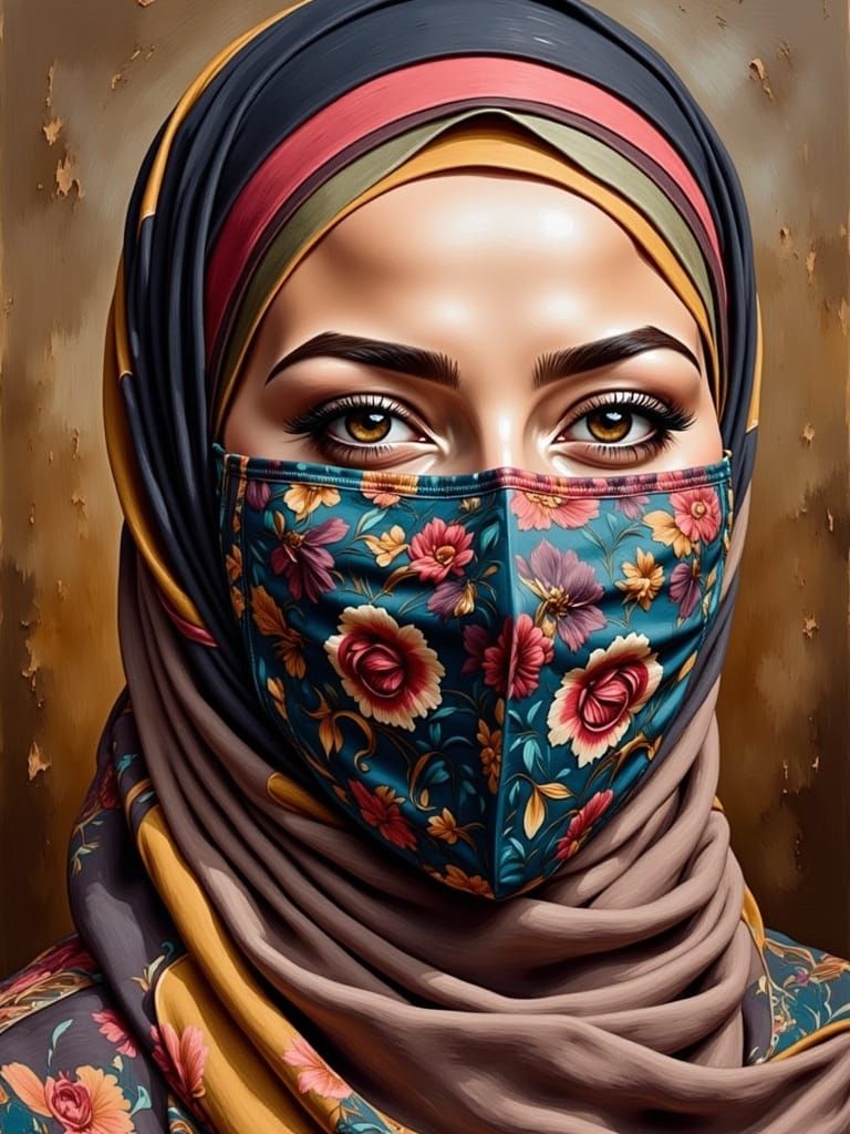 Beautiful Woman in Hijab and Facemask Oil Painting