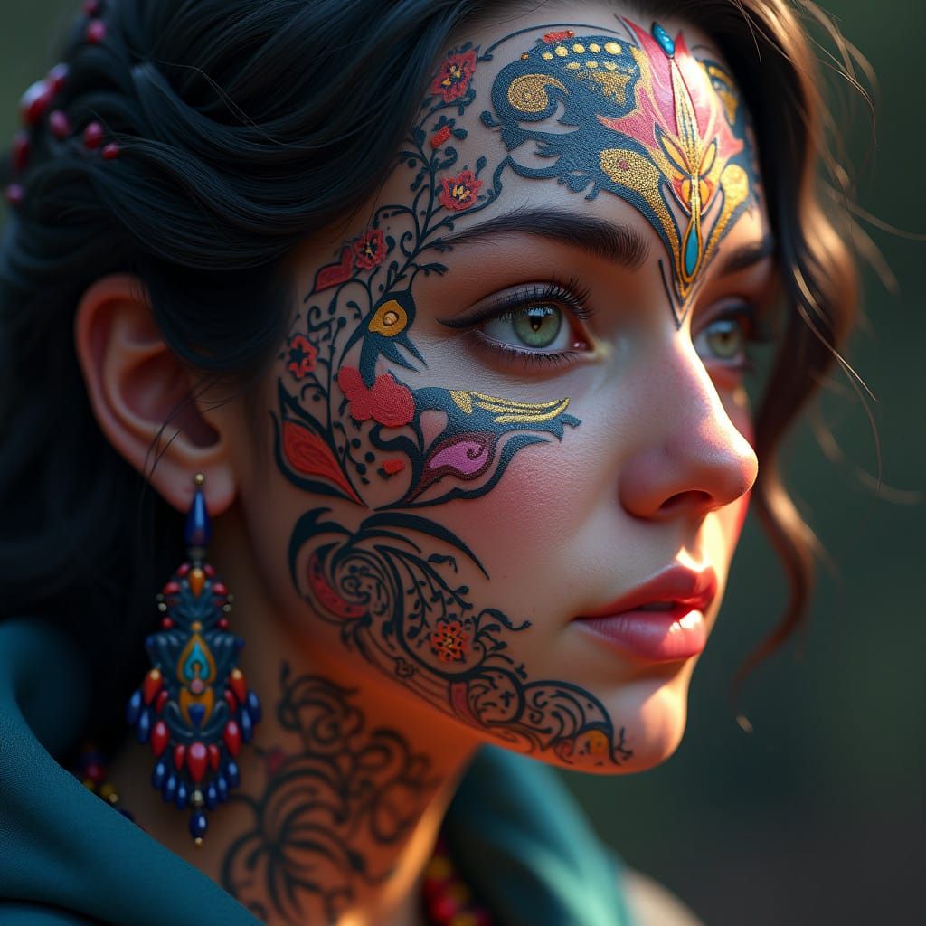 Woman with Vibrant Tribal Tattoos in Fantasy Concept Art Sty...