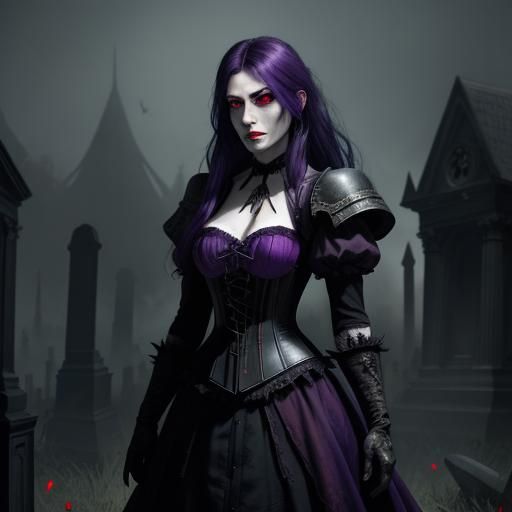 Haunted Cemetery Witch with Red Eyes: Dark Fantasy Art