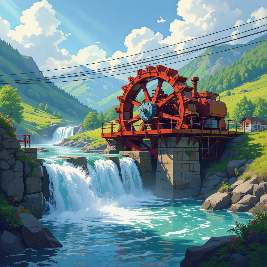 Pelton Wheel Hydro Generator in Rural Landscape
