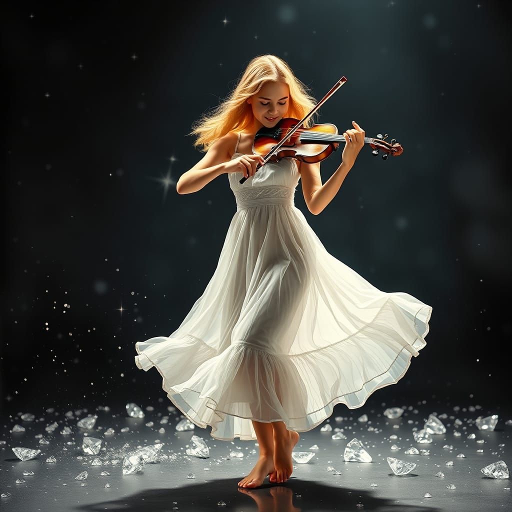 Irish Lass Dancing with Violin, Sparkling Diamond Background