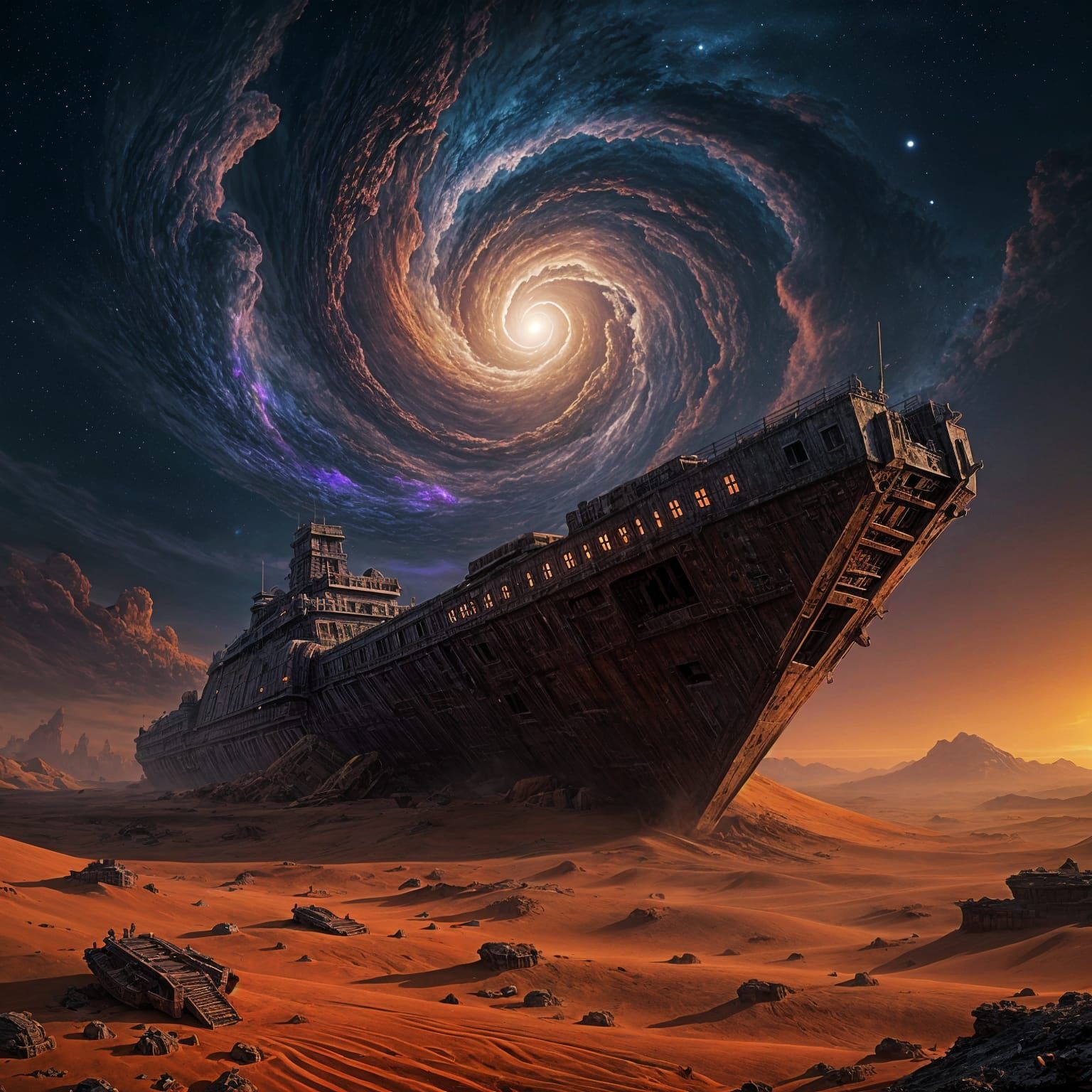 Colossal Derelict Starship on Alien Sands