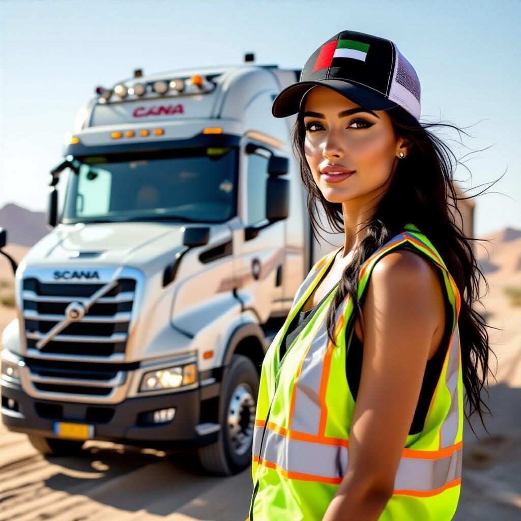 Arab Woman Truck Driver in Desert Landscape