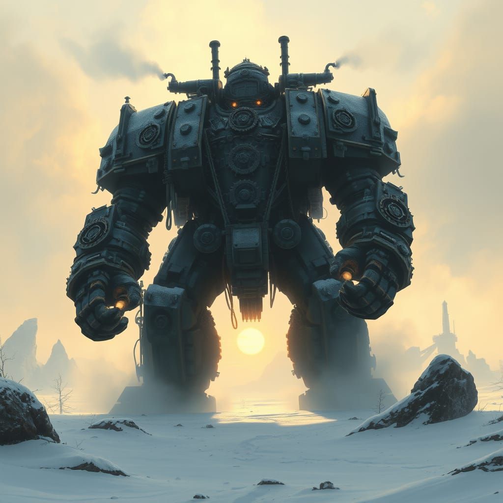 Ethereal Steampunk Golem Guards Snowy Wasteland in Epic Fant...