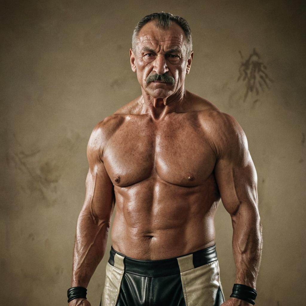Defiant Muscled Wrestler Portrait in Cinematic Style