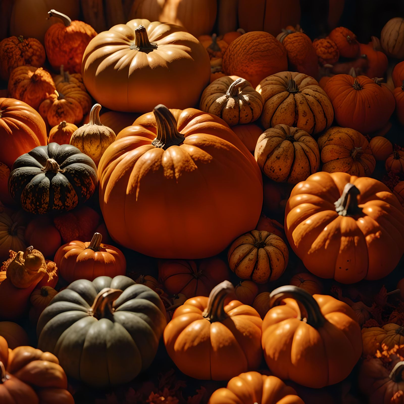 Golden Pumpkin Surrounded by Colorful Gourds