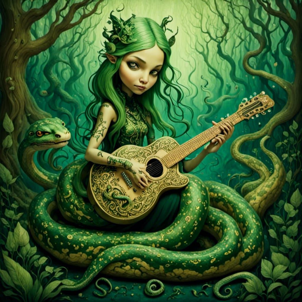 Snake Strums Guitar in Woodcut Style