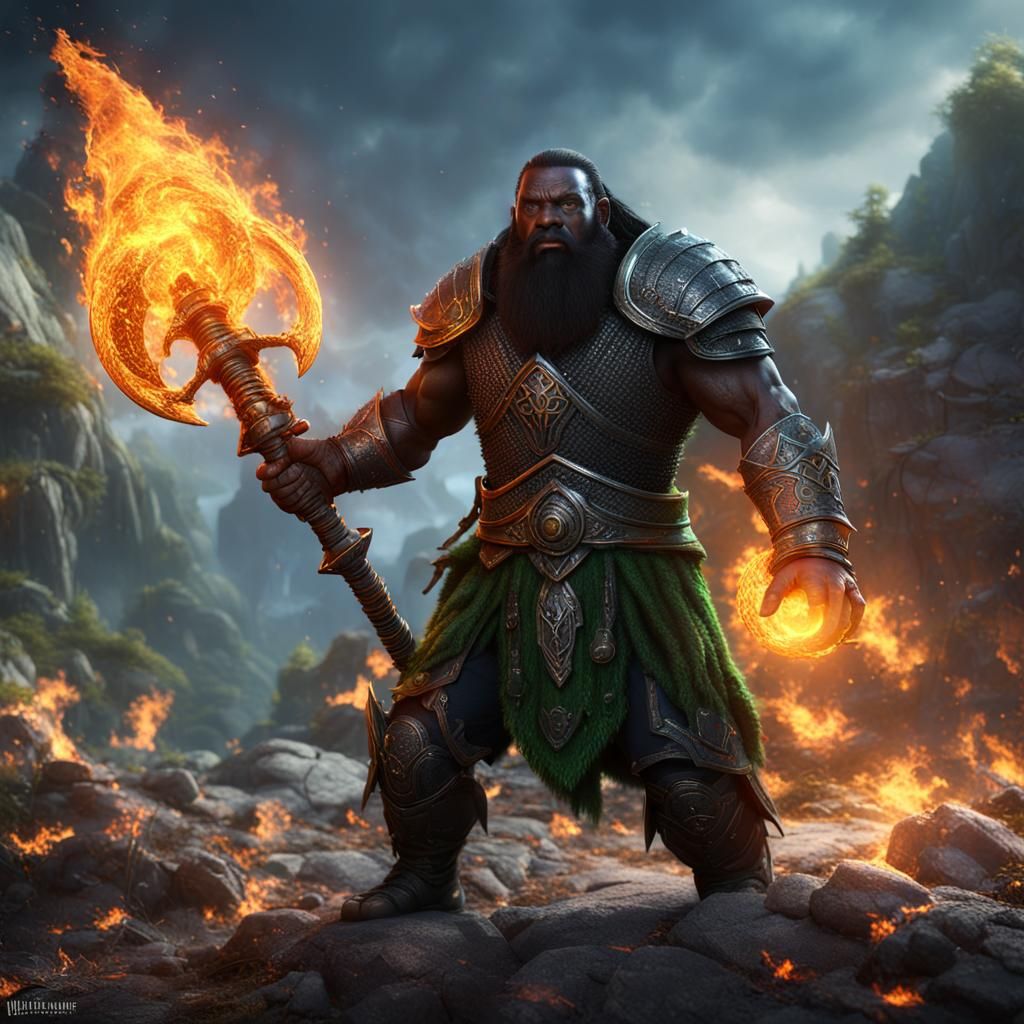Black Dwarf Warrior with Fire Sword, Fantasy Art