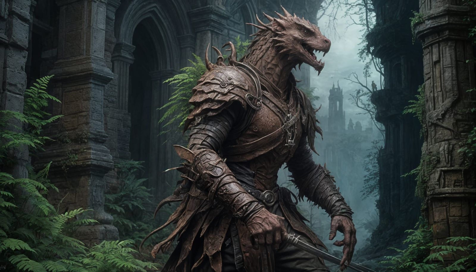 Epic Fantasy Portrait of a Red-Brown Scaly Warrior in Ruins