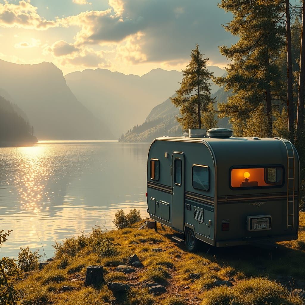 Camper by Shimmering Lake: Fantasy Realism with Ornate Detai...