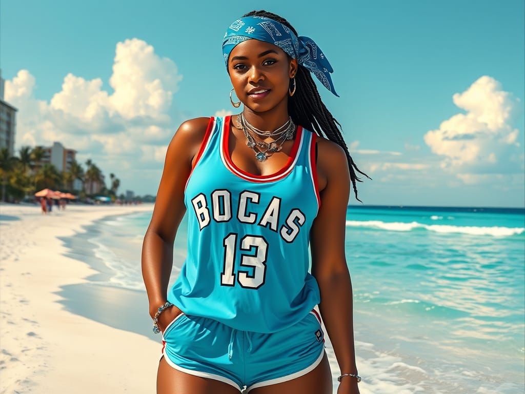 Confident Athlete on Miami Beach in Vibrant Colors