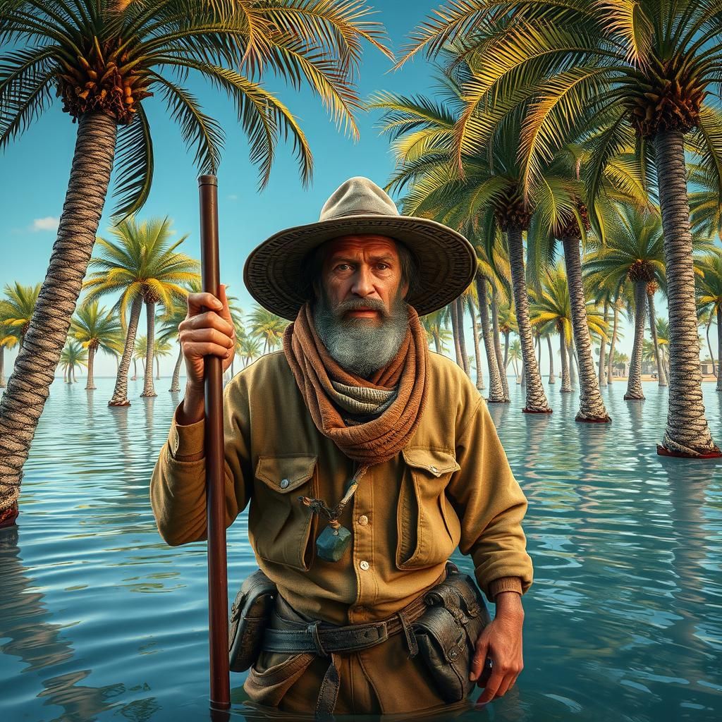 Fisherman in Ceramic Style by Pond with Palms