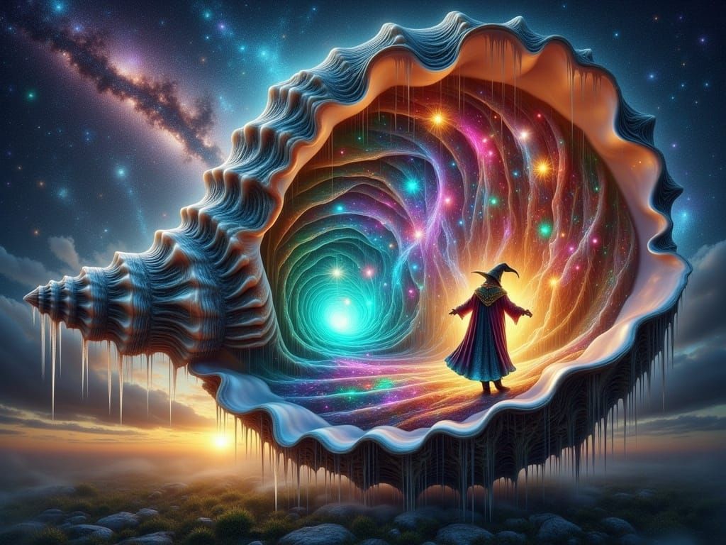 Wizard in Nautilus Shell in Floating Galaxy