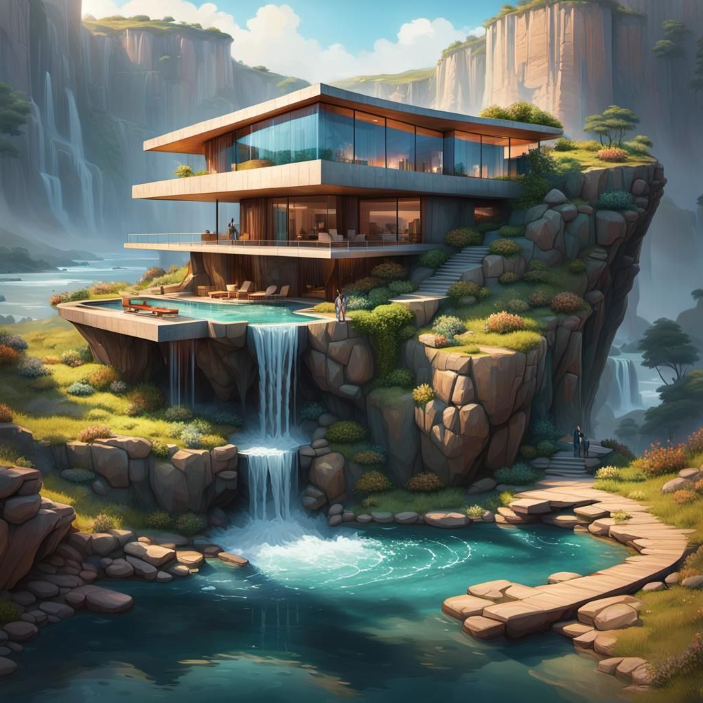 Surreal Cliffside House with Waterfall, Digital Art