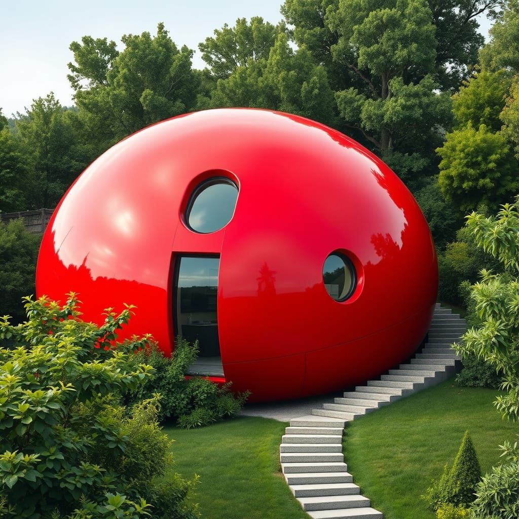 Sleek Red Button House Amidst Greenery