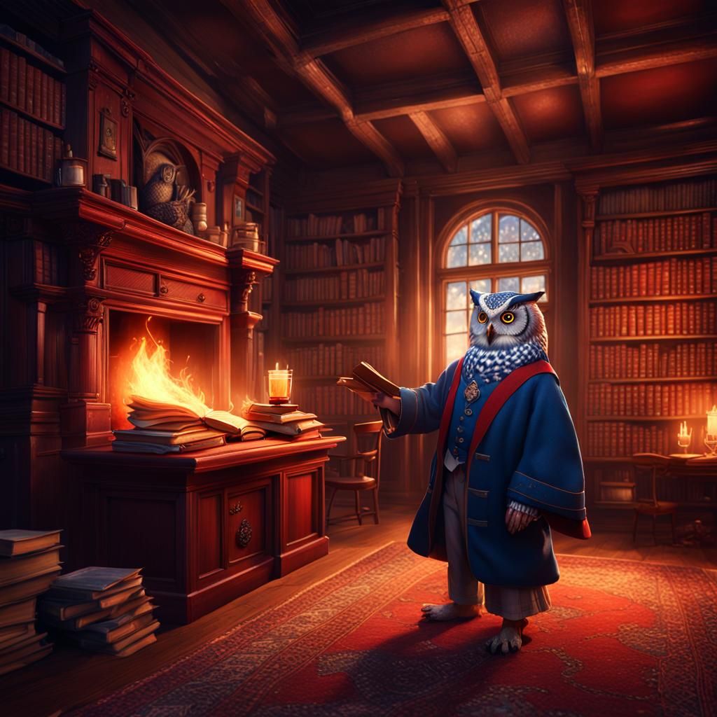 Cozy Library with Owl Librarian in Matte Painting