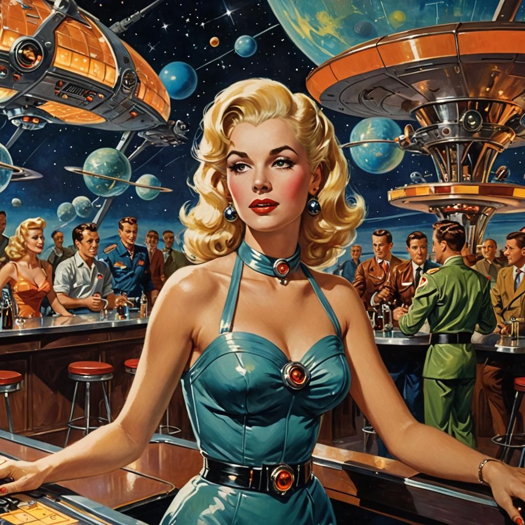 Retrofuturistic Singer in Space Station Bar