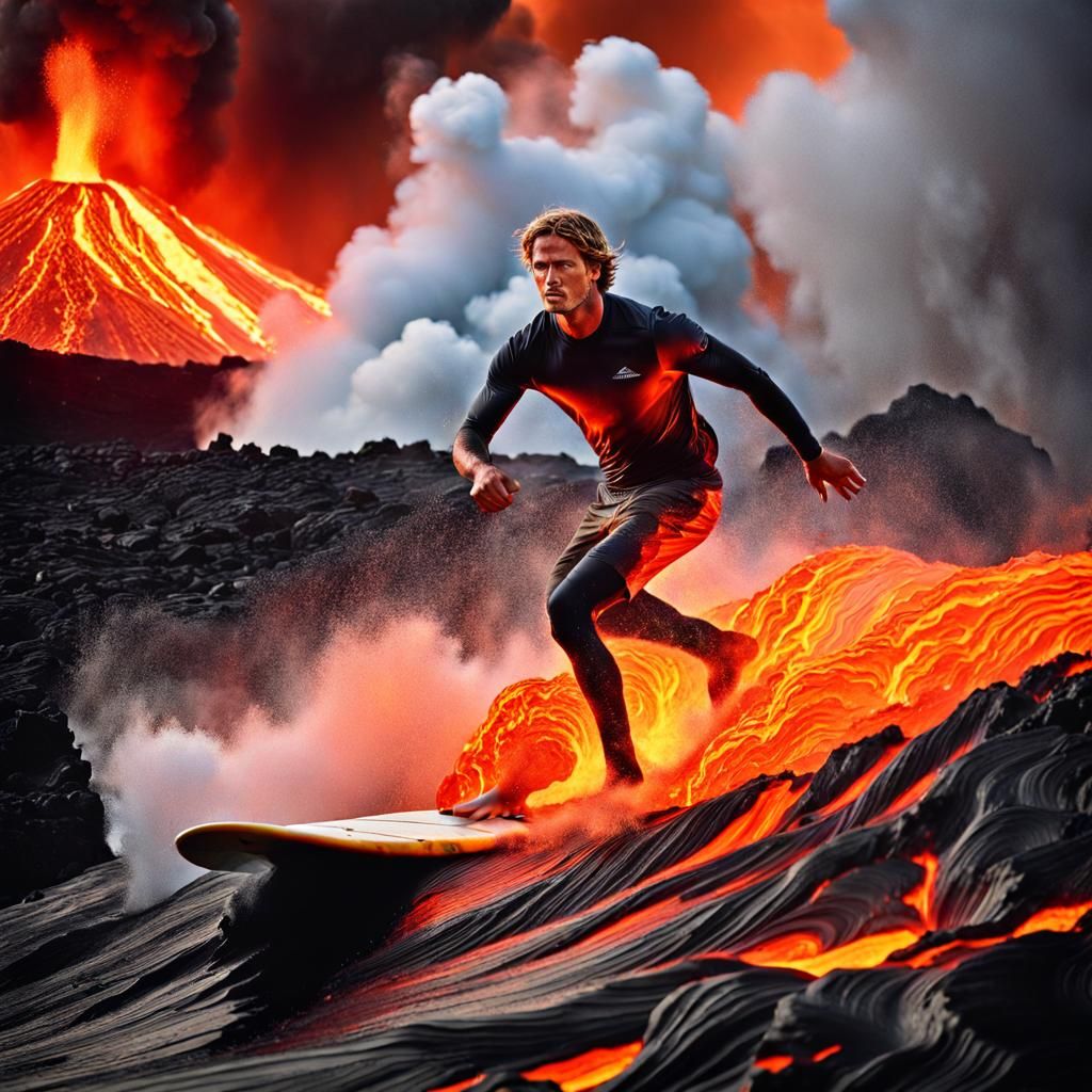 Surfer Rides Lava Wave on Erupting Volcano