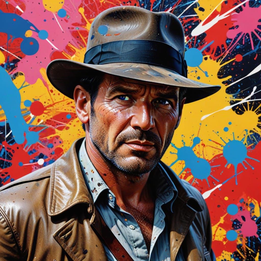 An ultra-realistic, pop art style illustration of Indiana Jones on a striking background, 16k
