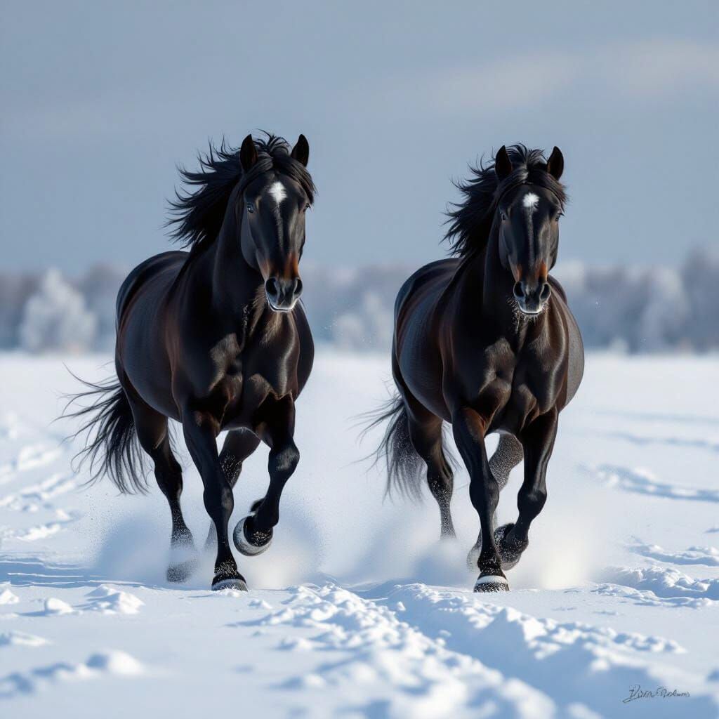 Black Horses Gallop Across Snowy Field in Realistic Digital ...