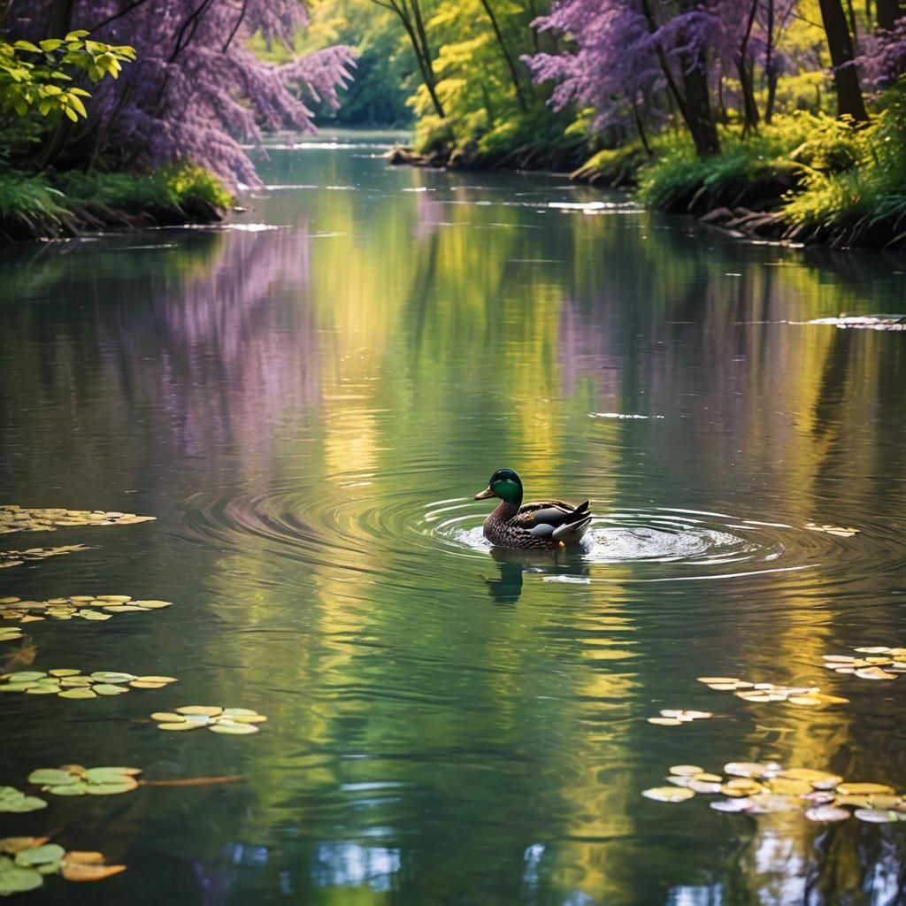 Duck in River with Colorful Forest and Sunlight
