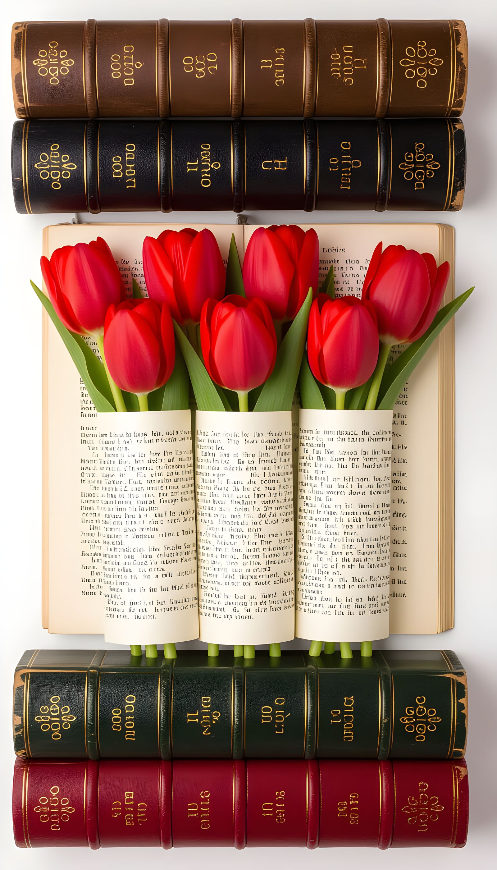 Red Tulips in Vintage Book Pages Arrangement