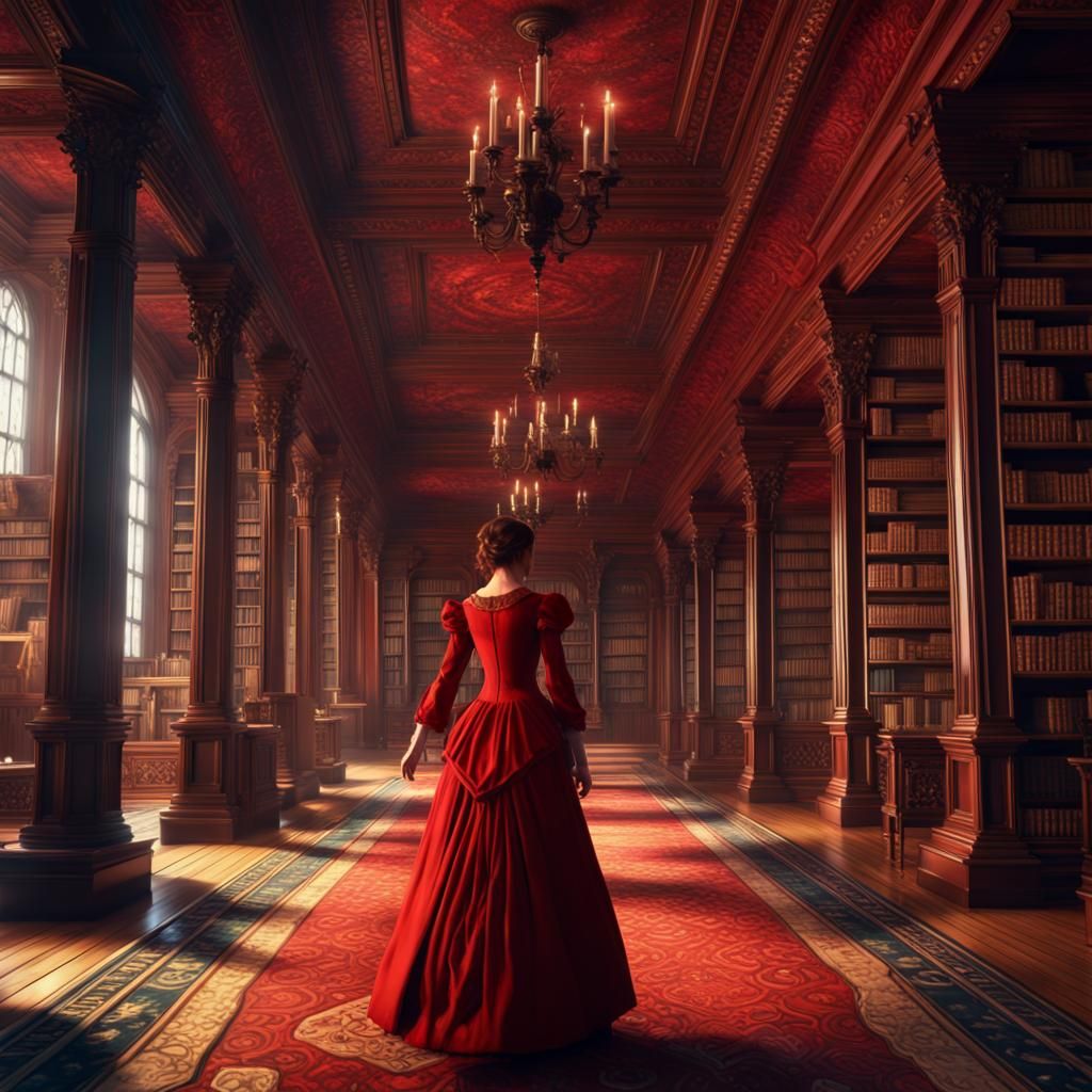 Girl in Victorian Dress in Magical Library