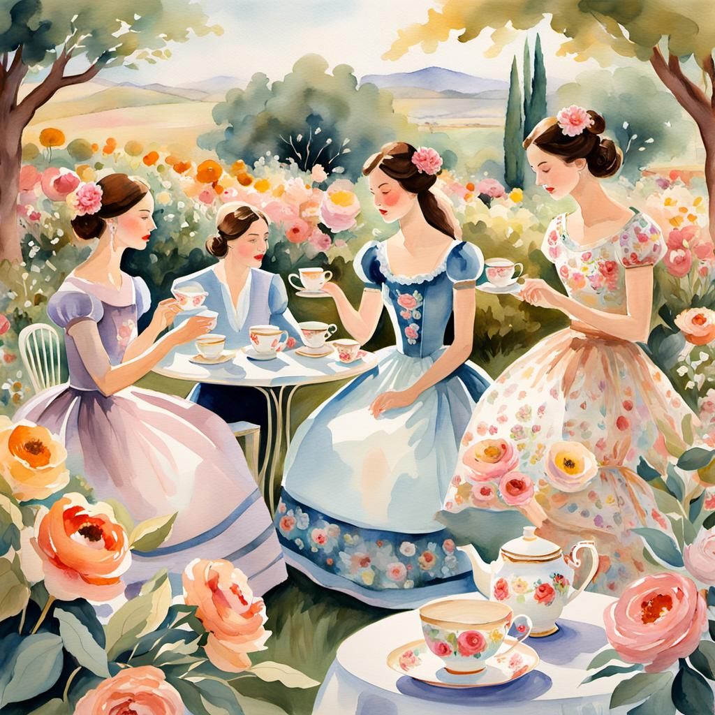 Matador Tea Party in Floral Garden Watercolor
