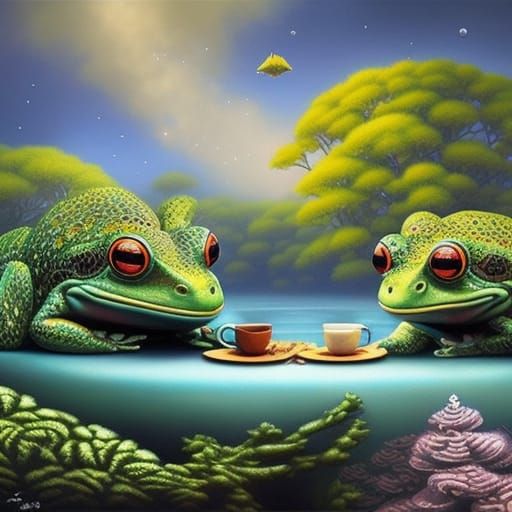 Frogs drinking coffee