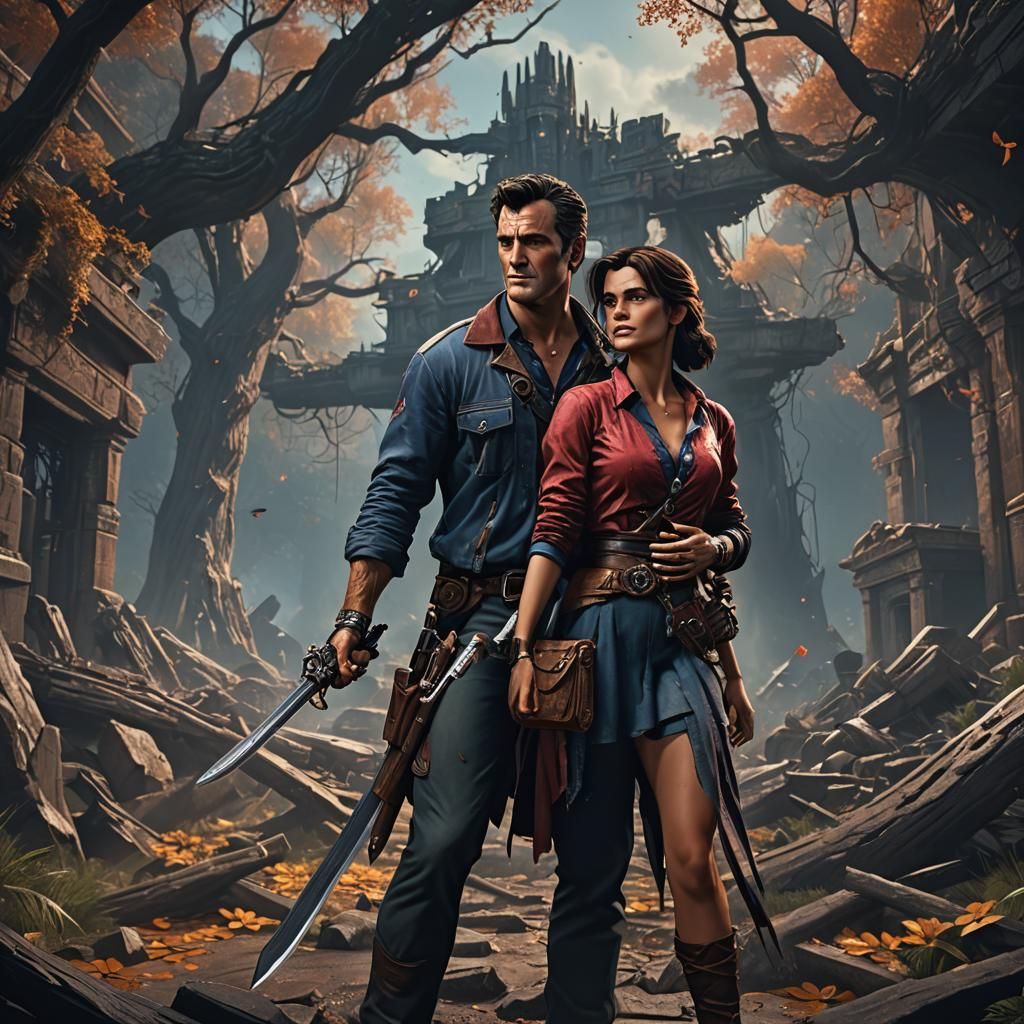Ash Williams with a Beautiful Woman: Detailed Matte Painting