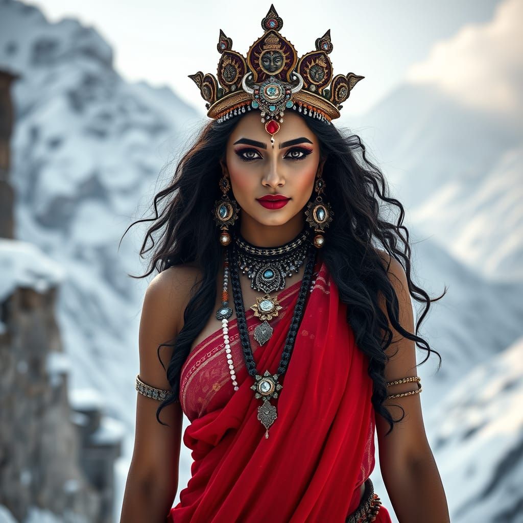 Goddess Devi in Crimson Sari Amidst Himalayan Snow