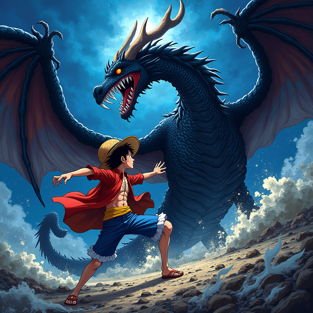 Epic Dragon Battle: Kaido vs Nika Luffy in Anime Style
