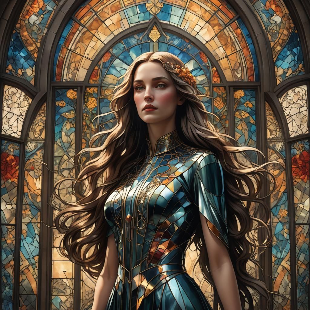 Art Deco Woman in Front of Stained Glass