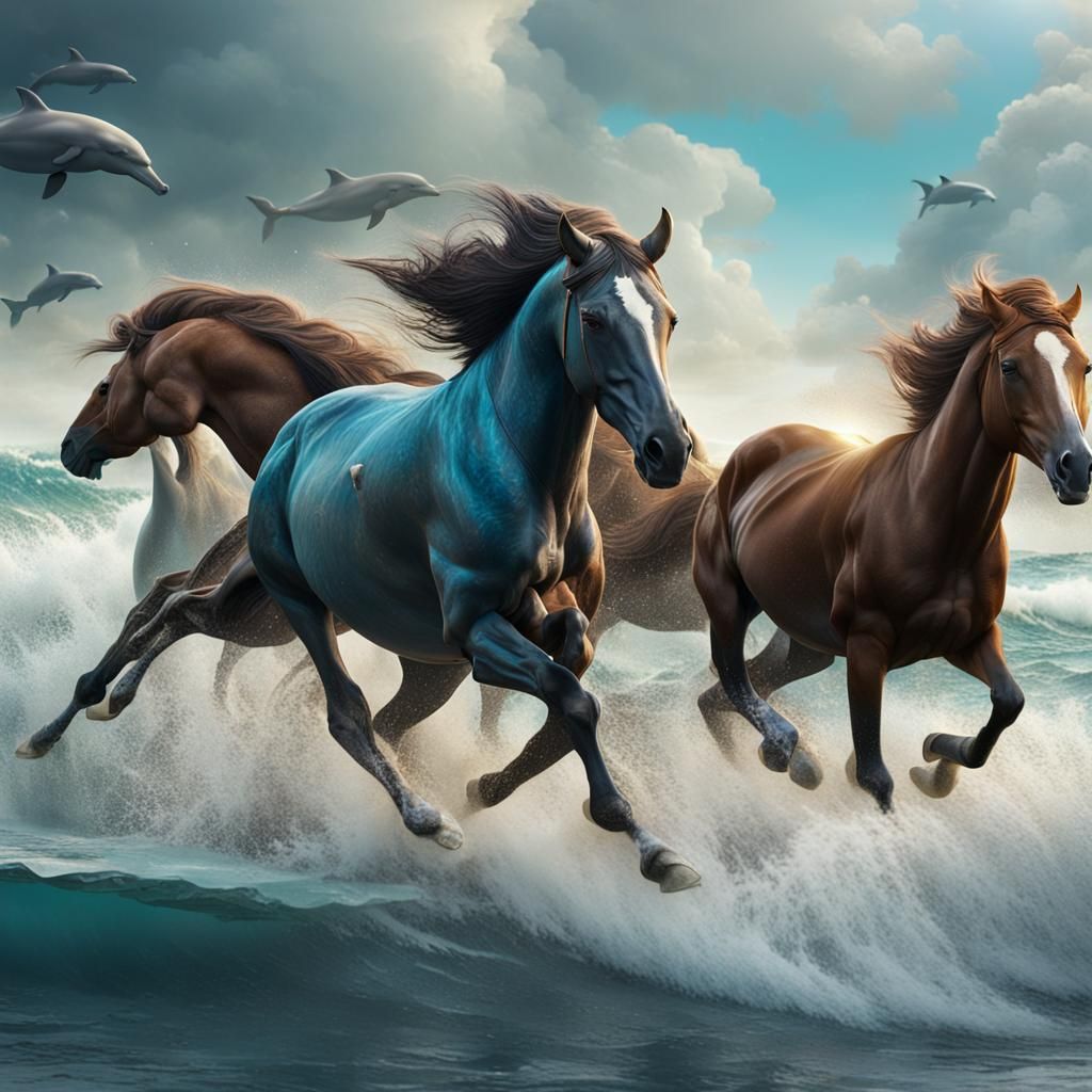 Horses and Dolphins on Beach, Fantasy Concept Art