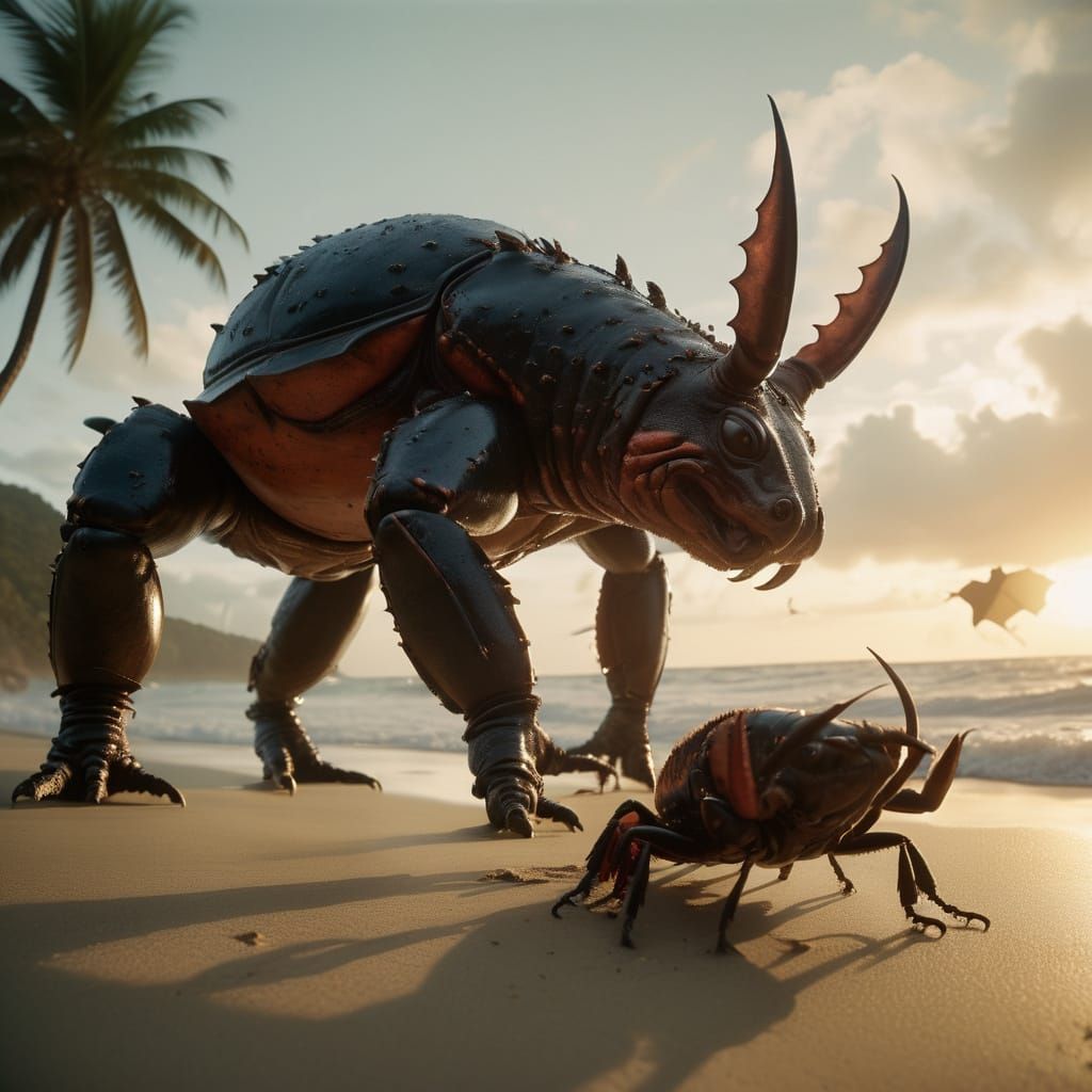 Surreal Tropical Dawn with Chubby Humanoid Creatures and Epi...