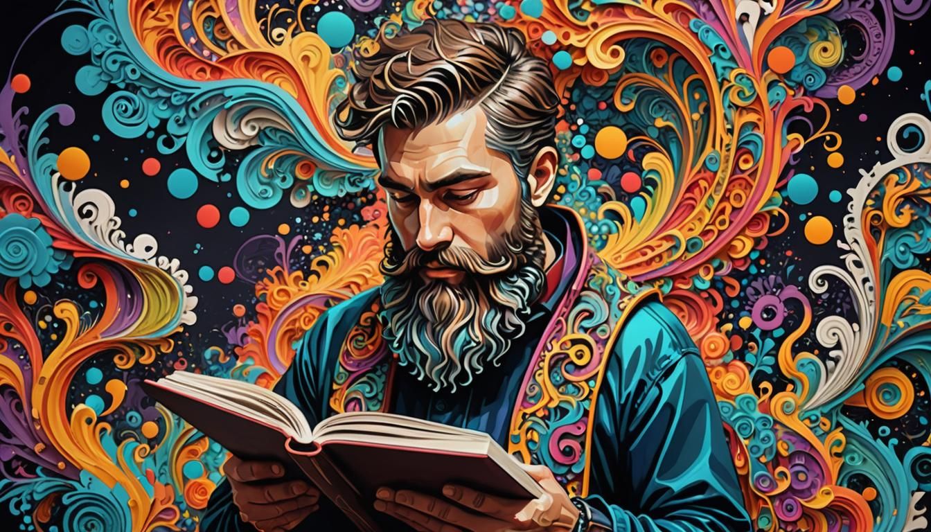 Bearded Man Reading Book in Graffiti Art Style