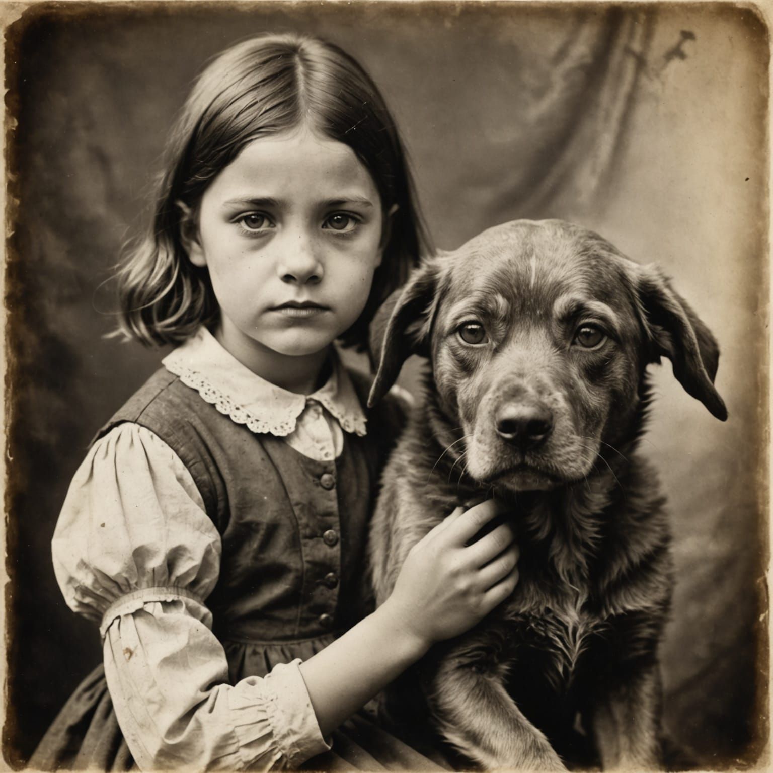 Girl and Pet in Vintage Charcoal Drawing