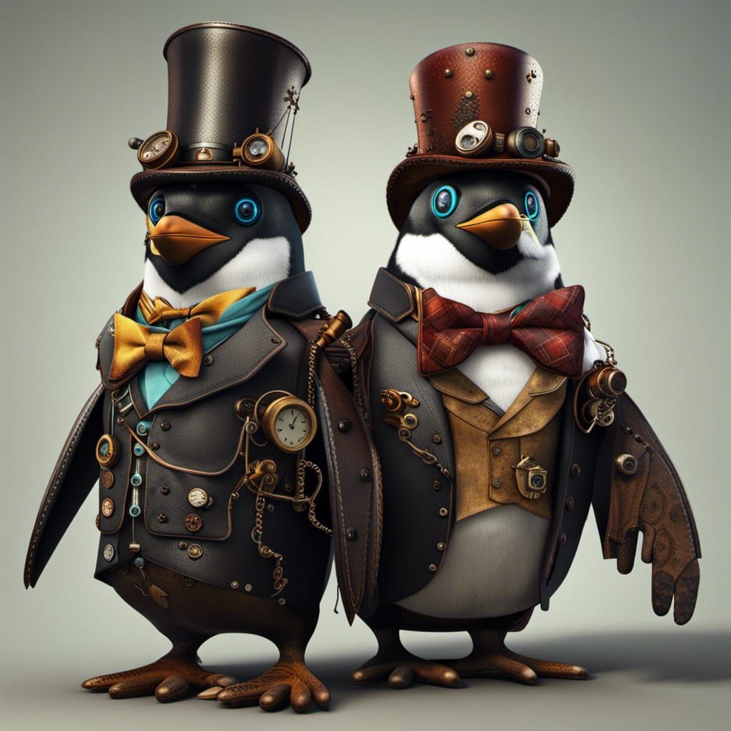Steampunk Penguins in Detailed Matte Painting