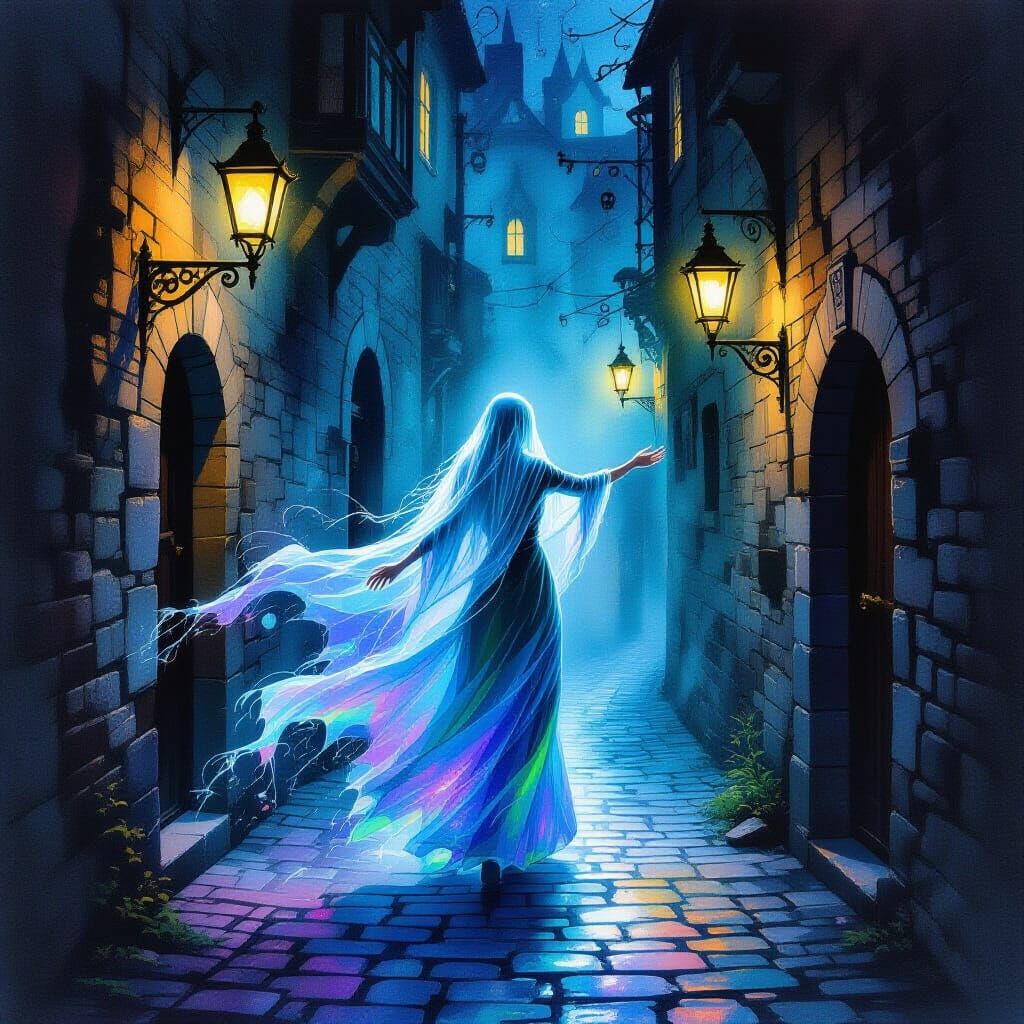 Ethereal Ghost Woman in Prismatic Alleyway