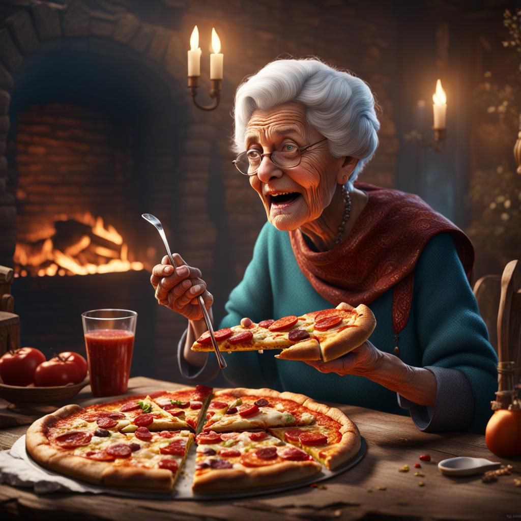 Granny Eating Pizza: Detailed Matte Painting