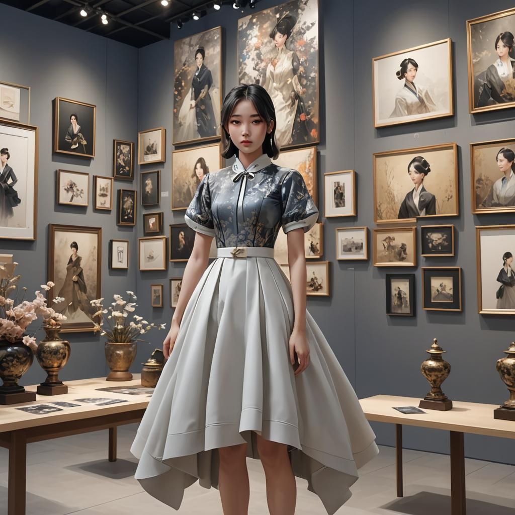 Korean Girl at Art Exhibit in 3D Anime Style