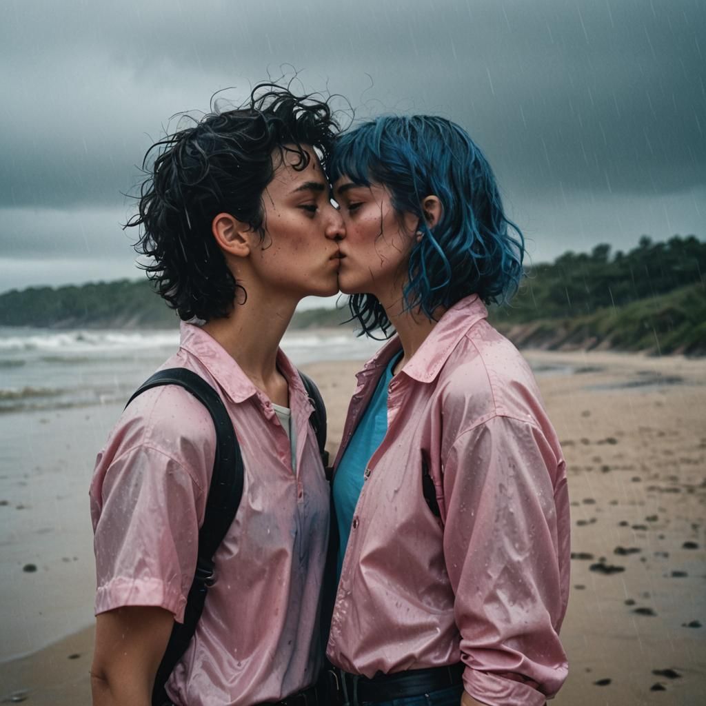 Teenagers Kissing on Rainy Beach: Cinematic Film Still