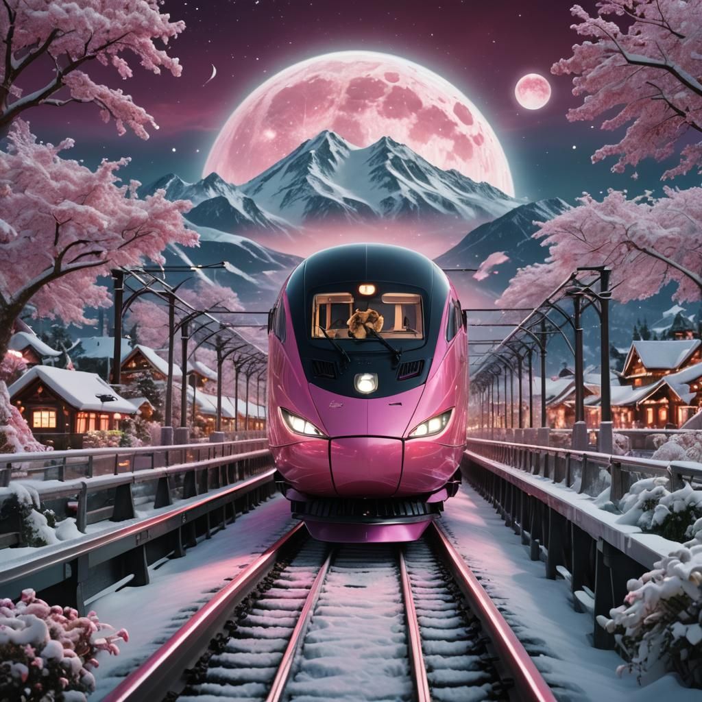 Lion Bullet Train in Snow Village Digital Painting