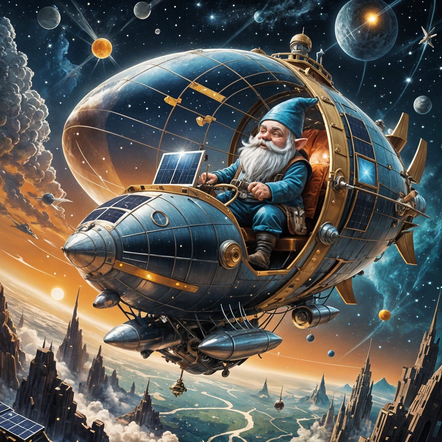 Gnome in Solar Airship: Futurism Meets Bauhaus