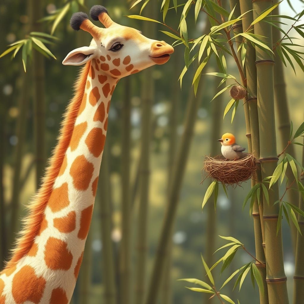Giraffe Eats Bamboo with Bird, Whimsical Beatrix Potter Styl...