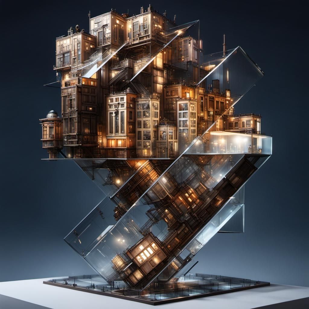 Futuristic Glass City in Cube, Steampunk Style