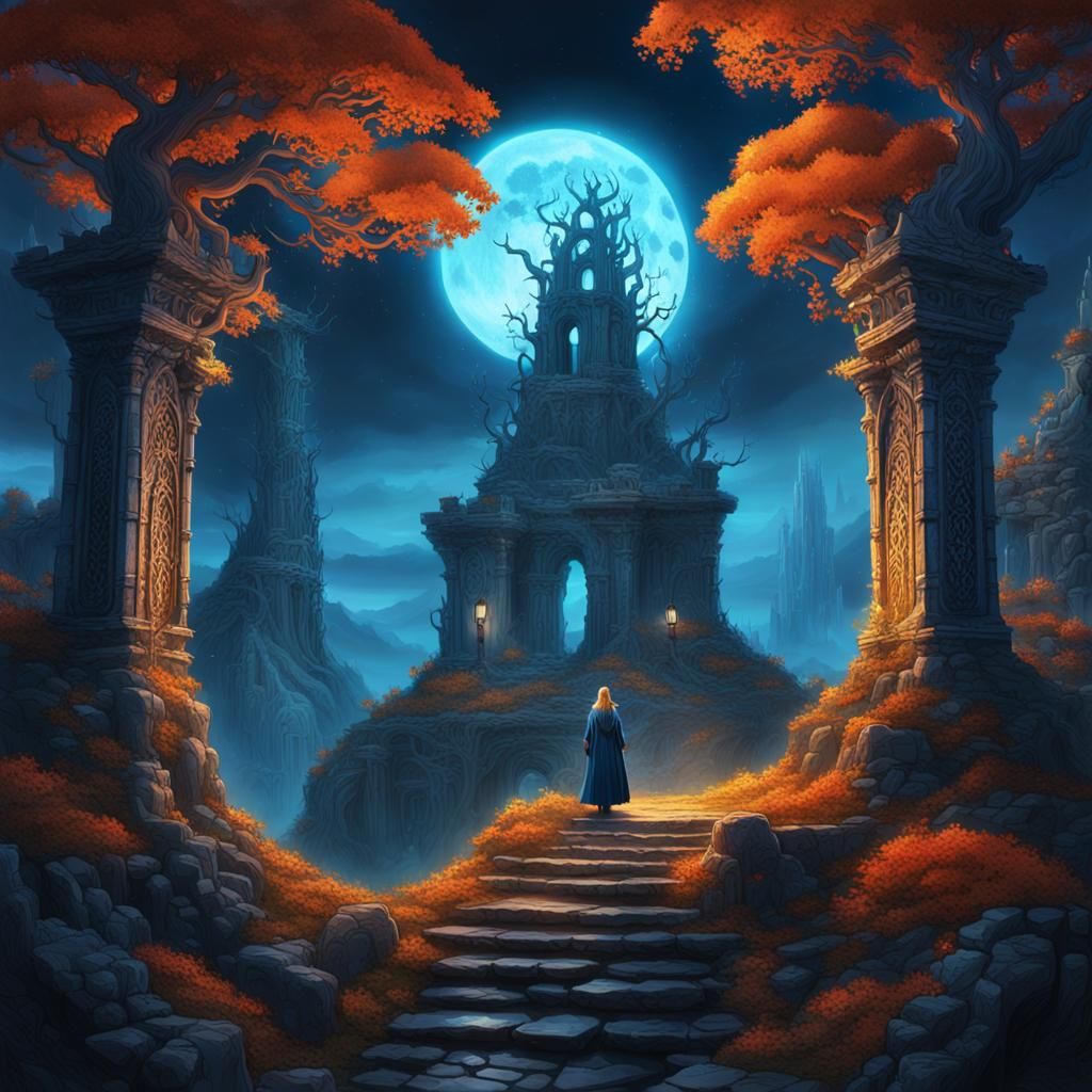 Sorceress Overlooks Mystical Forest, Fantasy Concept Art