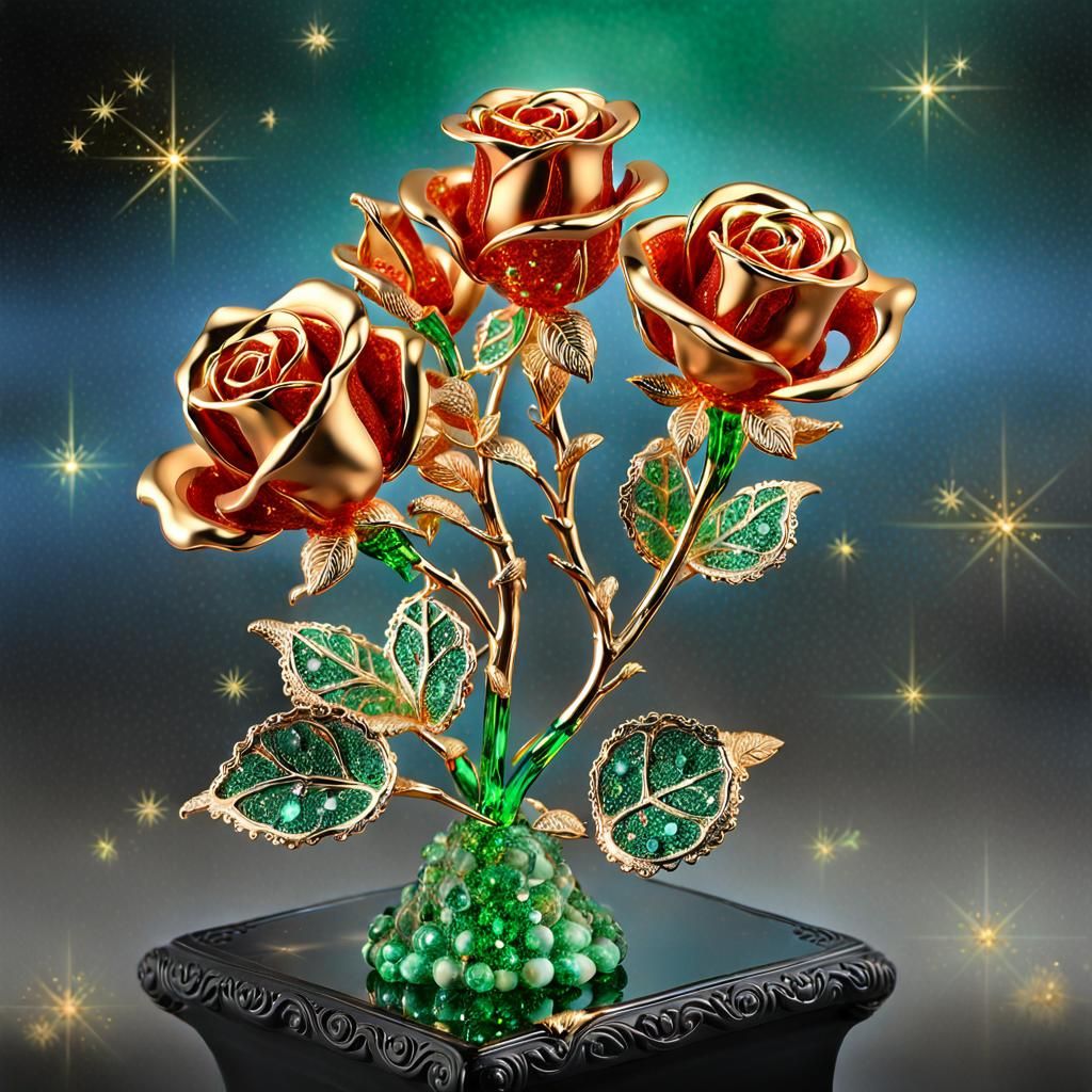 Golden-Tipped Rose in Vermilion Crystal Glass